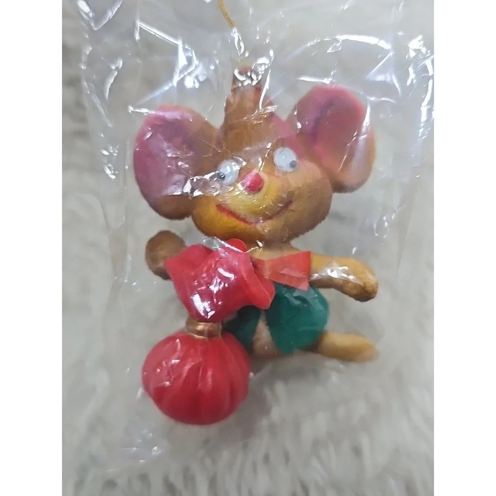 Vintage Flocked Snowman & Mouse Lot of 2 Frosty Googly Eyes Christmas‎ Ornament